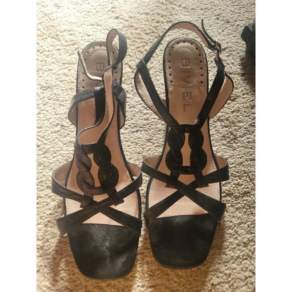 Biviel Shoes. Black Leather Strappy Short Wedge Size 40